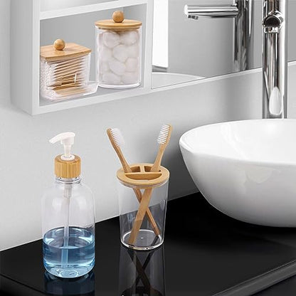 Bamboo Bathroom Accessories Set 4 Pcs - Clear Toothbrush Holder Plastic Soap Dispenser and 2 Qtip Holder Cotton Swab/Pad/Ball Container Jar