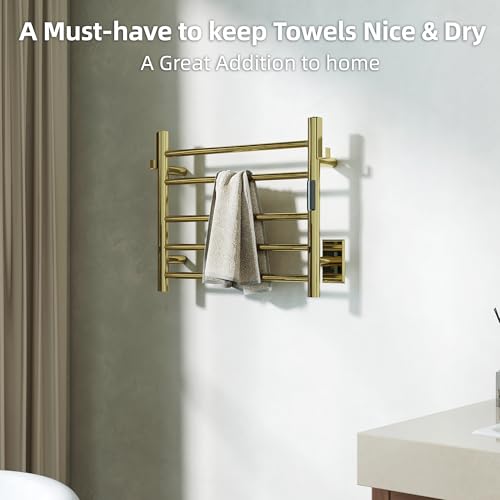 P&Dlusir EL13 Heated Towel Rack, Polished Gold, 5 Bar | Fast Heat in 2 Min, Smart Timer, Thermo Control, Memory Functoion, Stainless Steel, Hard-Wired/Plug-in - color: Polished Gold, size: 21.65"W x 17.72"H