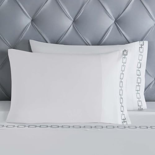 Superior Embroidered Cotton Bed Sheet Set, 1 Elastic Deep Pocket Fitted Sheet, 1 Flat Sheet, 2 Pillowcases, Daily Sheets, Luxury, Unique Design, Chain Links Collection, King, White-Silver - color: White-silver, size: King
