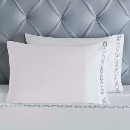 Superior Embroidered Cotton Bed Sheet Set, 1 Elastic Deep Pocket Fitted Sheet, 1 Flat Sheet, 2 Pillowcases, Daily Soft Sheets, Luxury, Unique Design, Chain Links Collection, Queen, White-Silver - color: White-silver, size: Queen