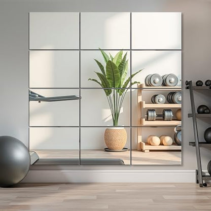 Frameless Mirror Tiles 16"x12"x12 Pcs Wall Mounted | Shatter Resistant, Full Length, Tempered Glass Panels, For Home Gym Bathroom Bedroom & Living Room Decor - size: 16''x12''-12PCS