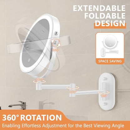 Auxmir 1X/30X Wall Mounted Makeup Mirror, 8" Rechargeable Magnifying Mirror | double-sided button, 3200mAh, 3 dimmable colors, 360° rotation, extended arm, 30X magnification, bathroom, white - color: 8'' 30x-white