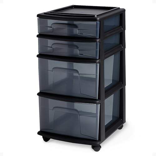 Homz 4 Drawer Plastic Storage and Organizer Cart, Rolling Cabinet for Home, Office, Classroom, Craft, Art Supplies, Black Frame/Tinted Drawers | Plastic Organizer with Clear Bin Drawers for Bedroom, Bathroom, Home Office, and Dorm Rooms - color: Black Fra