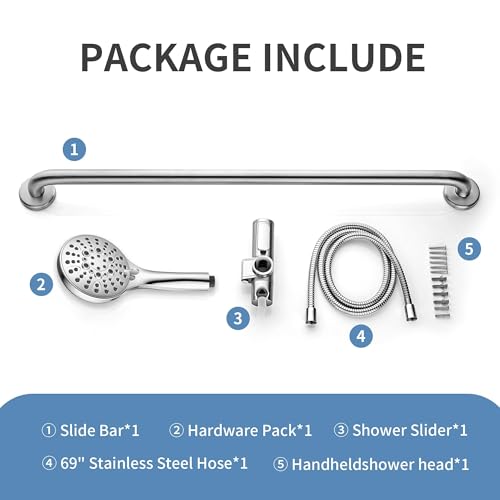 BRIGHT SHOWERS Stainless Steel Grab Bar Set – Includes Handheld Shower Head with Extra Long Hose, Shower Head and Hose Chrome Plated - color: chrome plated
