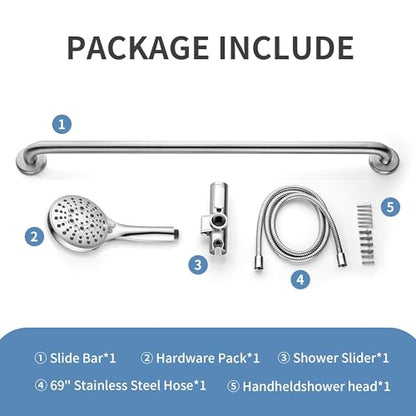 BRIGHT SHOWERS Stainless Steel Grab Bar Set – Includes Handheld Shower Head with Extra Long Hose, Shower Head and Hose Chrome Plated - color: chrome plated