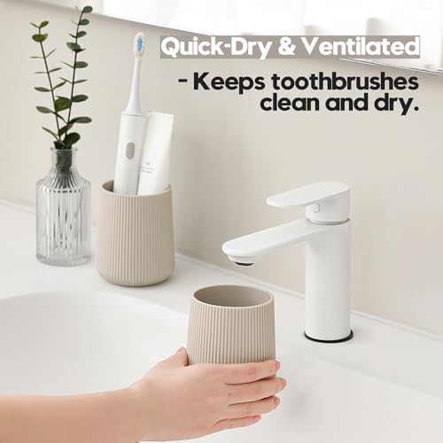 YAUKPH Beige Striped Toothbrush Holder | for Electric Toothbrushes Bathroom Organizer Cup for Toothpaste Kids & Adults - color: Beige Ribbed