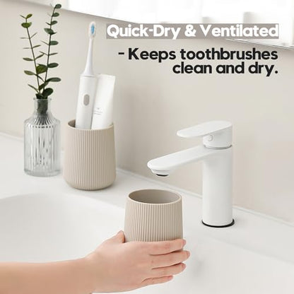 YAUKPH Beige Striped Toothbrush Holder | for Electric Toothbrushes Bathroom Organizer Cup for Toothpaste Kids & Adults - color: Beige Ribbed
