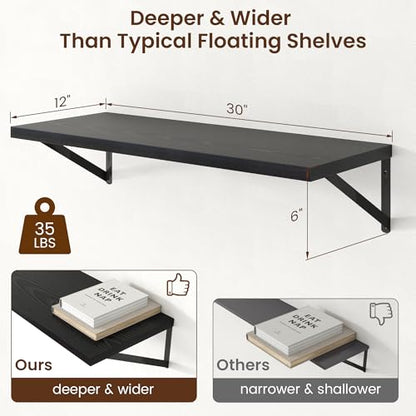 Deep Floating Shelves - 30 Inch Black Floating Shelves Set of 2-12 Inch Deep Wood Wall Shelves for Living Room Bathroom Kitchen - color: Black, size: 30W x 12D