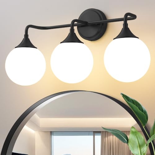 Black Bathroom Light Fixtures Over Mirror Vanity 3-Light | Mid Century Modern Matte Black Wall Sconce with Milky White Glass Ball Shades for for Bathroom Dressing Table Bedroom - color: Black, size: 3-light