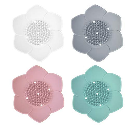 AUEAR, 4 Pack Lotus Flowers Soap Dish with Drain Silicone Holder Non-Slip Flexible Tray for Bathroom Shower - color: White & Grey & Green & Pink, size: 4 Pack