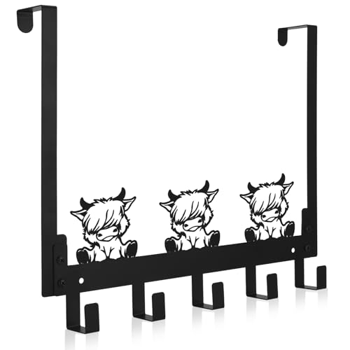 Kathfly Rustic Highland Cow Over the Door Hooks Towel Hooks Heavy Duty Hanging Towel Rack Over Door Hanger, 5 Coat Hanger for Bedroom Bathroom Kitchen - color: Black, style: Rustic Highland Cow