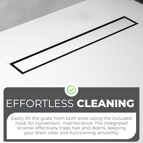 24-Inch Linear Shower Drain - 304 Stainless Steel | Reversible 2-in-1 Flat & Tile Insert Cover, Rectangular Floor Drain Set with Hair Catcher & Adjustable Leveling Feet - color: Matte Black, size: 24 Inch