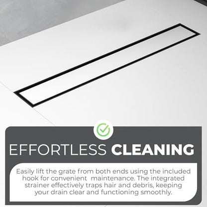 24-Inch Linear Shower Drain - 304 Stainless Steel | Reversible 2-in-1 Flat & Tile Insert Cover, Rectangular Floor Drain Set with Hair Catcher & Adjustable Leveling Feet - color: Matte Black, size: 24 Inch