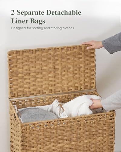 SETVSON Laundry Hamper with Lid, 112 L Handwoven Rattan Wicker Laundry Basket, 2 Removable Liner Bags Metal Heightened Feet, 6 Mesh Bags, 2 Section Large Clothes Hamper for Bathroom Bedroom, Natural - color: Natural, size: 112 L - 29.6 gal