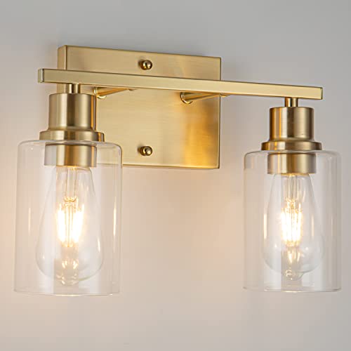 2-Lights Gold Bathroom Light Fixture, Brushed Brass Vanity Light with Clear Glass Shade, Modern Bath Wall Lights for Living Room, Hallway, Bedroom - color: Gold 2-Light