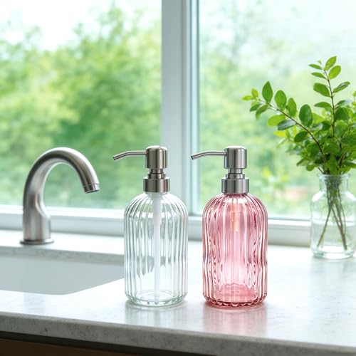 16 OZ Pink Glass Soap Dispenser Glass Soap Dispenser,Clear Pink Stripe Bathroom Hand Soap Dispensers with Stainless Steel Pump, Pink Kitchen Hand Soap Dispenser with Brushed Nickel Pump - color: Pink+brushed Nickel Pump, size: 1-Pack