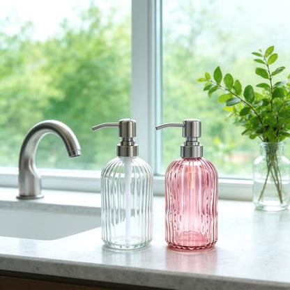 16 OZ Pink Glass Soap Dispenser Glass Soap Dispenser,Clear Pink Stripe Bathroom Hand Soap Dispensers with Stainless Steel Pump, Pink Kitchen Hand Soap Dispenser with Brushed Nickel Pump - color: Pink+brushed Nickel Pump, size: 1-Pack