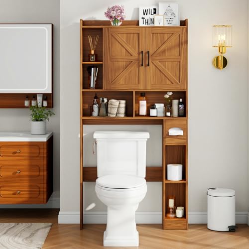 Vabches Over The Toilet Storage Cabinet with 2 Barn Doors, Caramel | Farmhouse Storage Cabinet with Toilet Paper Holder Stand，Home Space-Saving Toilet Rack, for Bathroom, Restroom, Laundry - color: Caramel, style: 2 Barn Doors