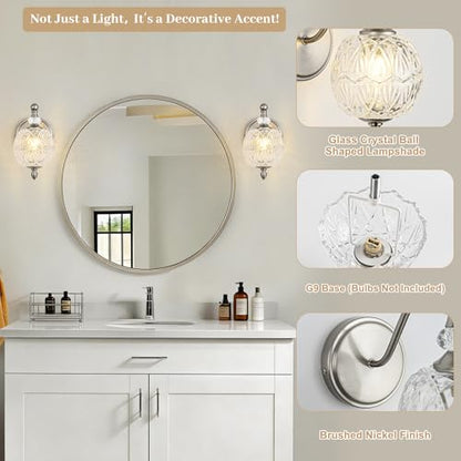 1 Piece Brushed Nickel Wall Sconce, 1-Light Mid Century Modern Brushed Nickel Finish Wall Sconce with Globe Glass Shade, Modern Light for Bathroom, Bedroom, Living Room,Powder Room - color: Brushed Nickel, size: 1 Light