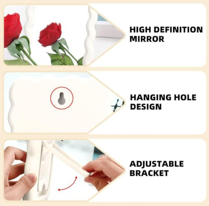 1Pcs Wavy Frame Desk Mirror Glossy Freestanding Mount Vanity Mirror White | Wavy Border Single Sided Makeup Mirror With Back Stand, Dual Use Tabletop Wall Mirror For Dorm Bedroom Daily Cosmetic Use