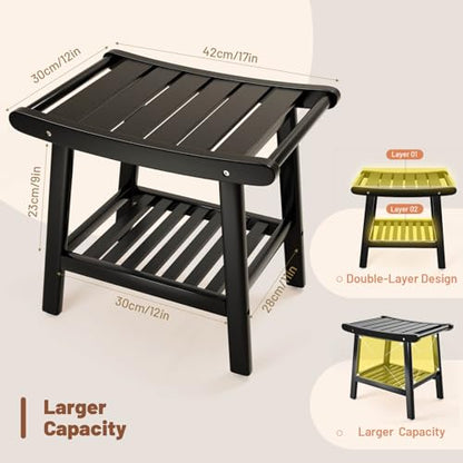 Bamboo Shower Stool Bench,Shower Chair for Inside Shower with Storage Shelf | Black,Large Storage,Ergonomic Curved Design,A-Shaped Stable Construction,Non-Slip Rubber Feet,Hold 300lbs - color: Black