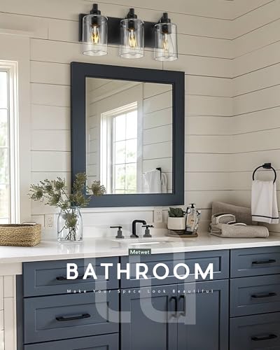 3-Light Bathroom Light Fixtures, Black Vanity Light with Cylinder Clear Glass Shade, Modern Vanity Lighting Fixtures Over Mirror, VL143-MB-3 | 16.5" modern bathroom light fixtures over mirror, E26 base, bulbs not included, VL143-MB-3 - color: Black, Cylin