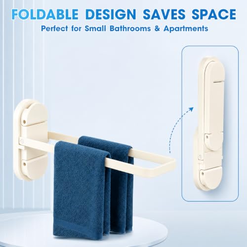 Suction Towel Rack No Drill,21LB Foldable Stainless Steel Bathroom | Dual suction rack holds 21lbs, fits glass & RV. Repositionable tool-free mount, no residue. Fold-flat rustproof brushed steel - color: White