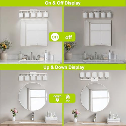 5-Light Bathroom Light Fixture, Brushed Nickel Vanity Lights Over Mirror, Anti-Rust, White Glass Shades, E26 Base, Bulb Not Included - color: Brushed Nickel-5 Light