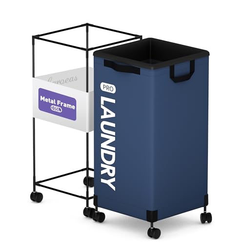 Caroeas Next-Gen 105L Matel Frame Laundry Basket with wheels, Heavy Duty Tall Rolling Laundry Hamper with Removable Wash Bag, Collapsible Freestanding Clothes Hamper (105L,Navy Blue,1Pack) - color: Navy Blue