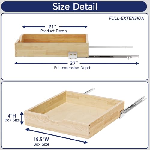 Pull Out Cabinet Organizer, 19.5 in W x 21 in D Solid Wood Slide Out Drawer, Soft Close Sliding Shelf, Bottom or Side Mount for Kitchen Pantry Bathroom, Fits 20.5 in Cabinet Opening - size: 19½” W × 4"H x 21” D