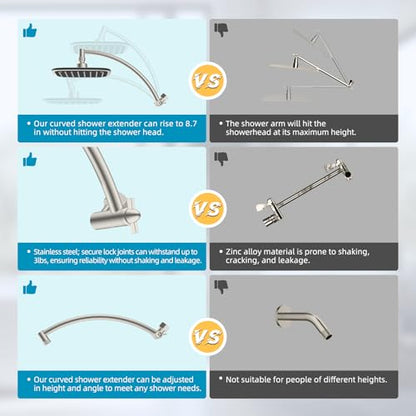 Rain Shower Head with 12" Metal Extension Arm, 10" High-Pressure Showerhead | Brushed Nickel, Boosting Rainfall/Fixed Showerhead, Shower Head Extender Adjustable Height/Angle, 1-Min Easy to Install - color: Brushed Nickel, size: 12 Inch