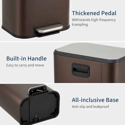 GarveeHome 3.2 Gal Stainless Steel Bathroom Trash Can with Lid, Brown | Rectangular Small Step Waste Bin, Hands-Free Foot Pedal, Removable Inner Bucket, Quiet Close, for Bedroom Restroom - color: Brown, size: 12 L