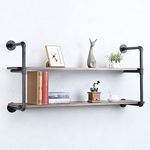 Industrial Pipe Shelves With Wood Planks,Rustic Pipe Shelving Wall Shelf | Metal Pipe Solid Pine Wood,Easy to Assemble,Wooden Board Thickness 0.78 In,For Bar Farmhouse Kitchen Office Bathroom,Bedroom - color: 2-layer, size: 48in