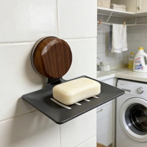 Self Draining Soap Dish with Suction Cup and Adhesive, Waterproof Wall Mounted Soap Holder, Drill-Free Sponge Tray for Shower Bathroom Kitchen (Black) - color: Black