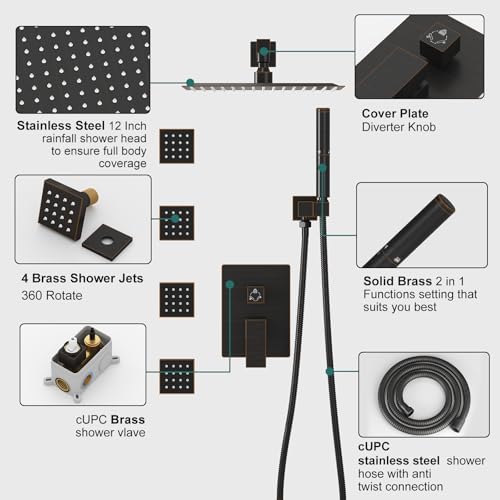 Hoimpro 12 Inch Rainfall Shower Faucet with 4 Full Body Shower Jet Fixtures Combo, Wall Mounted Shower System Set with Rain Mixer Shower Head and 2 in 1 Spray Handheld Showerhead, Oil Rubbed Bronze - color: Oil Rubbed Bronze