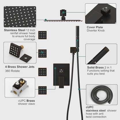 Hoimpro 12 Inch Rainfall Shower Faucet with 4 Full Body Shower Jet Fixtures Combo, Wall Mounted Shower System Set with Rain Mixer Shower Head and 2 in 1 Spray Handheld Showerhead, Oil Rubbed Bronze - color: Oil Rubbed Bronze