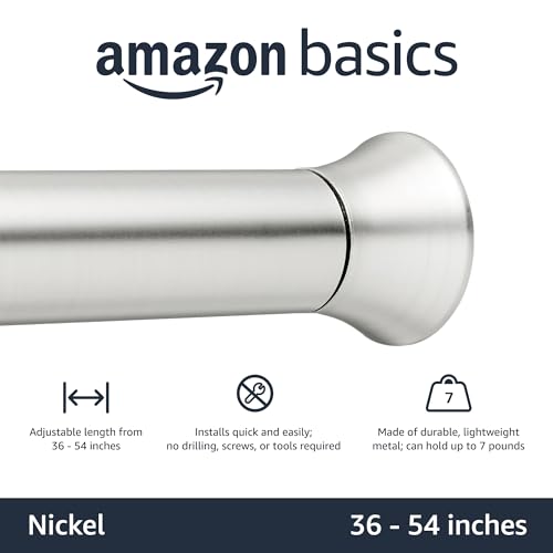 Amazon Basics Tension Curtain Rod, Adjustable 36-54" Width, Nickel, Classic Finial - color: Nickel, size: 36-54"