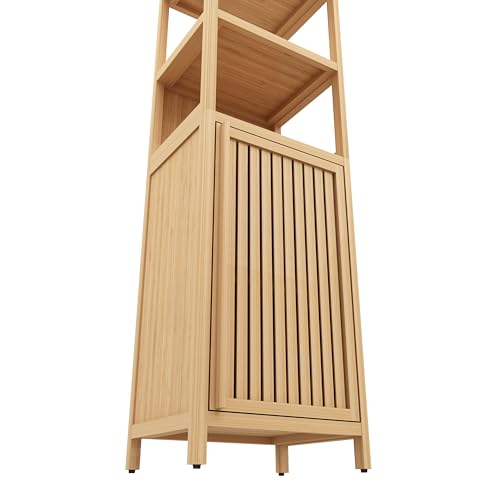Storage Tall Cabinet with Shutter Door and 3 Tier Shelves, Freestanding Linen Tower Cabinet for Living Room, Kitchen, Bathroom Organizer, Natural