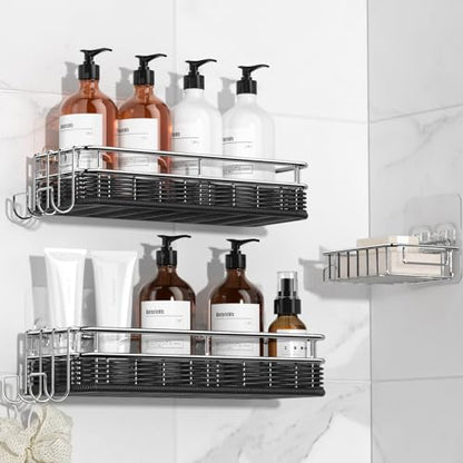 Shower Caddy 3 Pack, Adhesive Shower Organizer with Soap Dish and 4 Hooks, Rustproof Stainless Steel Shower Shelves, Wall Mounted No Drilling Storage Shelf Basket Accessories for Bathroom & Kitchen