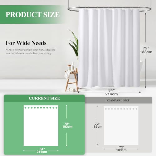 Extra Wide Waffle Shower Curtain 256 GSM Fabric 84x72 White | 84 Inch Wide, Thick Cloth, Weighted Hem, Water Repellent, Hotel Luxury Polyester Shower Curtain Set for Bathroom 14 Hooks - color: A. White, size: 84"W x 72"L (Pack of 1)