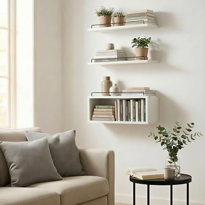 LANDNEOO Floating Shelves for Wall with Cube Shelf, Set of 3 Wood Bathroom Shelves Over Toilet for Storage, Wall Mounted Organizer with Metal Rail for Restroom Decor and Toilet Paper, White