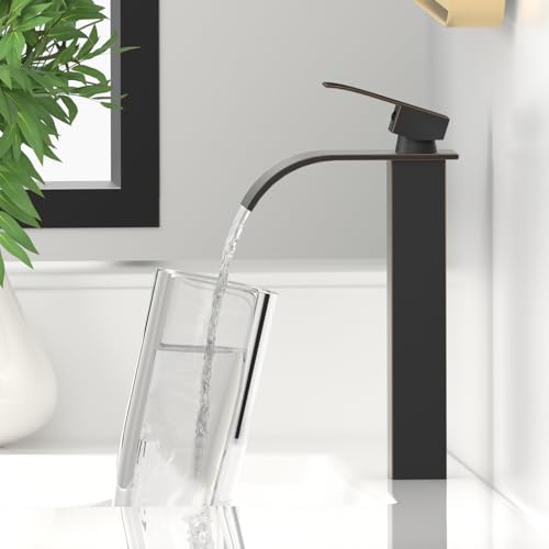 RUMOSE Tall Bathroom Faucet Vessel Sink Faucet with Drain, Bronze | Modern Single Handle One Hole Bathroom Faucet Waterfall Rv Lavatory Vanity Faucet Mixer Tap, Pop Up Drain, Stainless Steel - color: Oil Rubbed Bronze