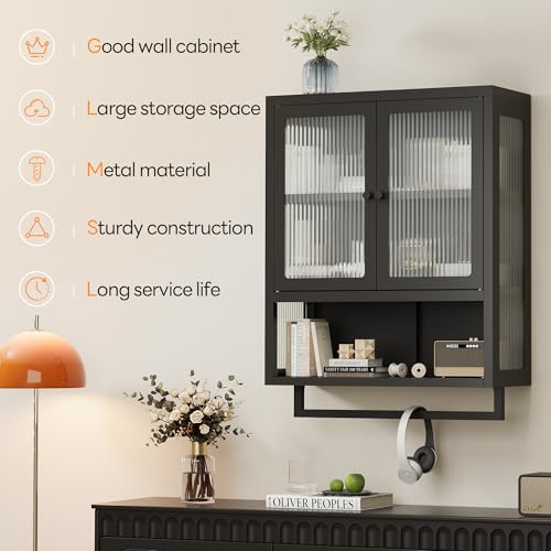Bathroom Wall Cabinet, Over The Toilet Space Saver Storage Cabinet, Medicine Cabinet with 2 Glass Door and Towel Bar, Metal Wall Mounted Cabinet for Bathroom Laundry Room Kitchen - color: Upgraded Black