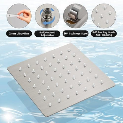 gotonovo Shower Faucet Set Push Button 10+6 Inch Dual Head Brushed Nickel | Rain Dual Shower Head System with Handheld Spray for Couple,Push Button Diverter,High Pressure Valve Trim Kit,All Metal - color: Nickel, size: 10+6 Inch Dual Head