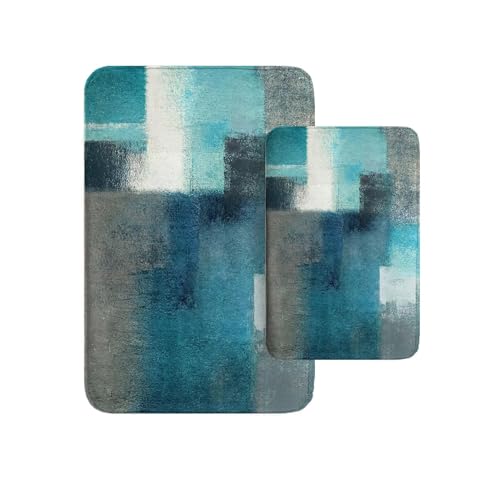 Britimes Modern Abstract Art Bathroom Rug Mat Set of 2, Turquoise and Gray Washable Cover Floor Rug Carpets Floor Bath Mat Bathroom Decorations 16x24 and 20x32 Inches - color: Abstract 3