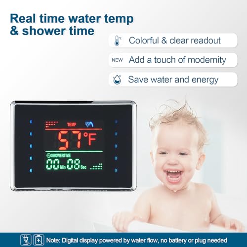 ROVOGO LED Shower Panel Tower With Lights & Digital Display, Water Powered | Rain Mist Shower Head, Handheld, 5 Body Jets, Tub Spout, Hydroelectric Shower Column Stainless Steel W/ Brass Valves, Black - style: 6-Function-Black-Water Powered