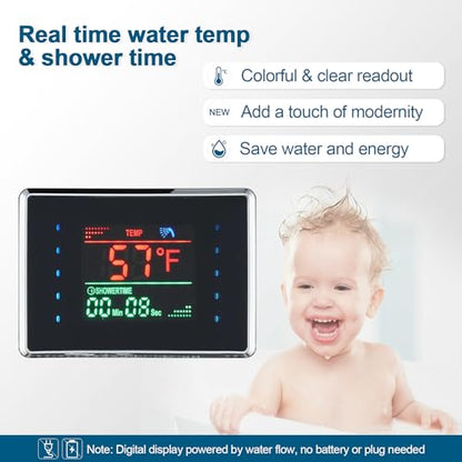 ROVOGO LED Shower Panel Tower With Lights & Digital Display, Water Powered | Rain Mist Shower Head, Handheld, 5 Body Jets, Tub Spout, Hydroelectric Shower Column Stainless Steel W/ Brass Valves, Black - style: 6-Function-Black-Water Powered