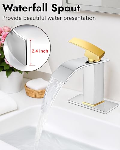 Midanya Waterfall Bathroom Faucet 1 Hole,Polish Gold Handle/Polish Chrome | with 24” Hoses,Pop Up Drain,6” Deck Plate,for 1 or 3 Hole Vanity,Lavatory,RV,Single Handle Bathroom Sink Faucet,NSF Certified - color: Bright Gold Handle/Chrome