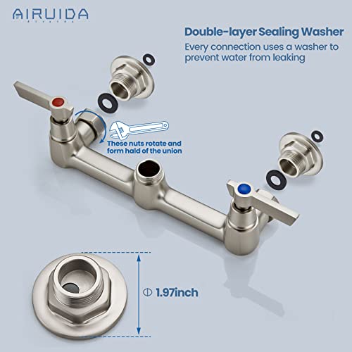 Airuida 8 Inch Brushed Nickel Wall Mount Kitchen Sink Faucet | 2 Handle Kitchen Faucet,without Adapter,360° Swivel Spout,Commercial Sink Faucet,for Laundry Utility - color: Brushed Nickel