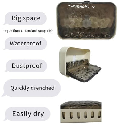 Wall Mounted Soap Dish, Large Waterproof Shower Soap Holder with Lid, Self Draining Soap Box Fits Dr Squatch Soap Bar, Adhesive No Drill Soap Container for Bathroom Shower RV (Black) - color: Black